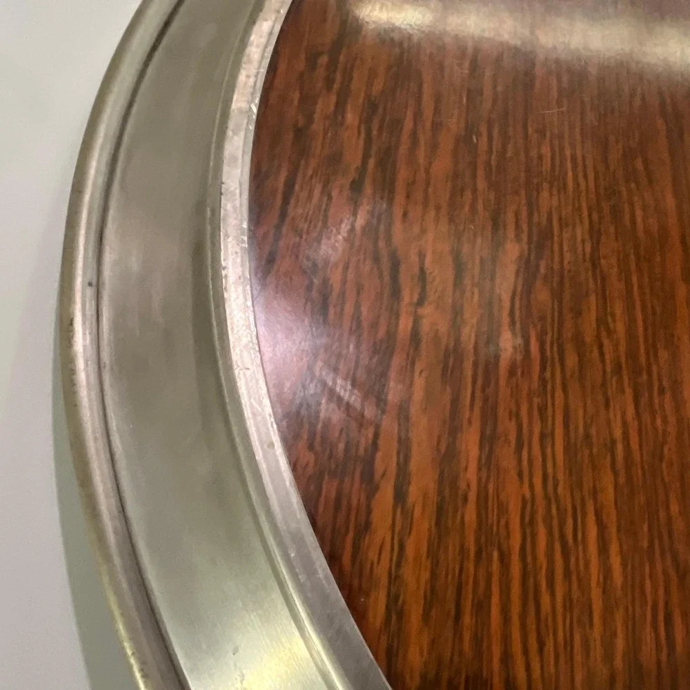 Vintage Kirk Stieff Pewter Wood Grain‎ Tray 14 in formica laminate cocktail MCM